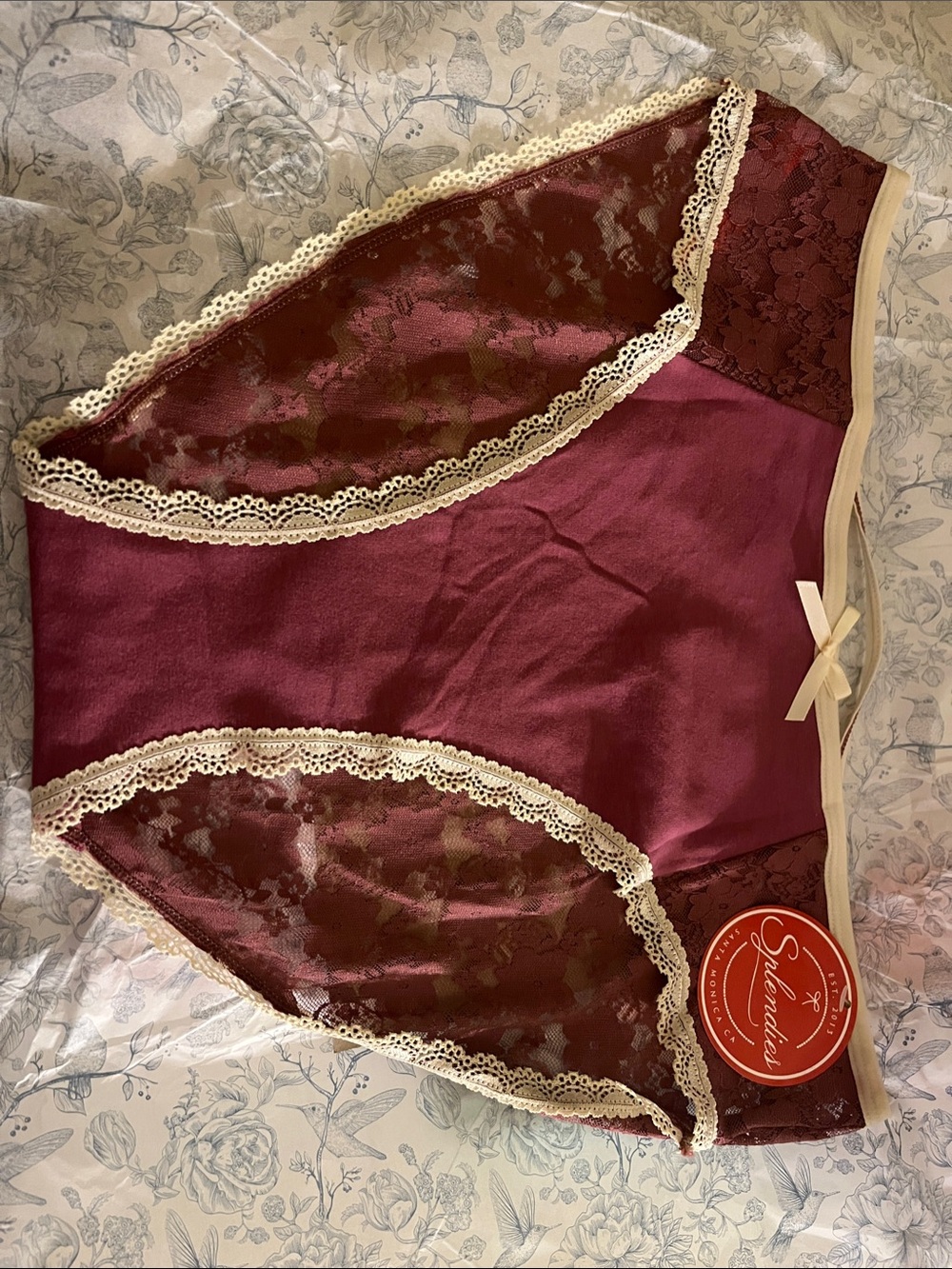 High-Waist Lace-Trim Briefs in Wine with Cream Accents
